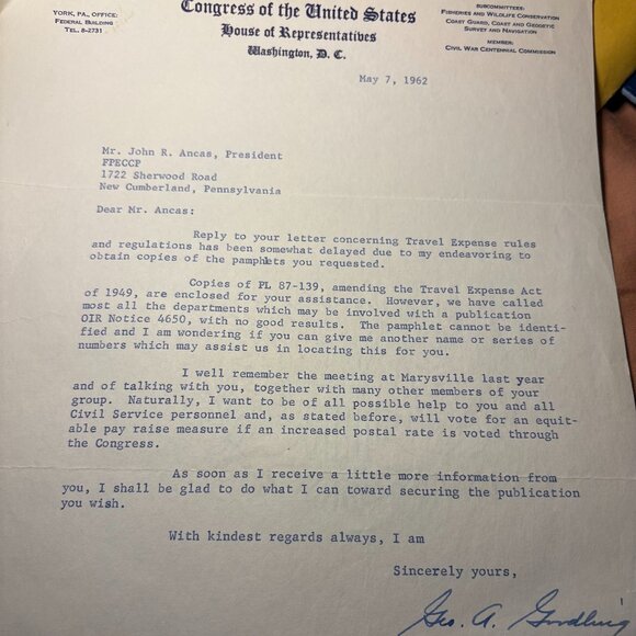 1962, May 7 George A. Goodling Signed Autograph Letter Pennsylvania Congressman - Picture 1 of 1